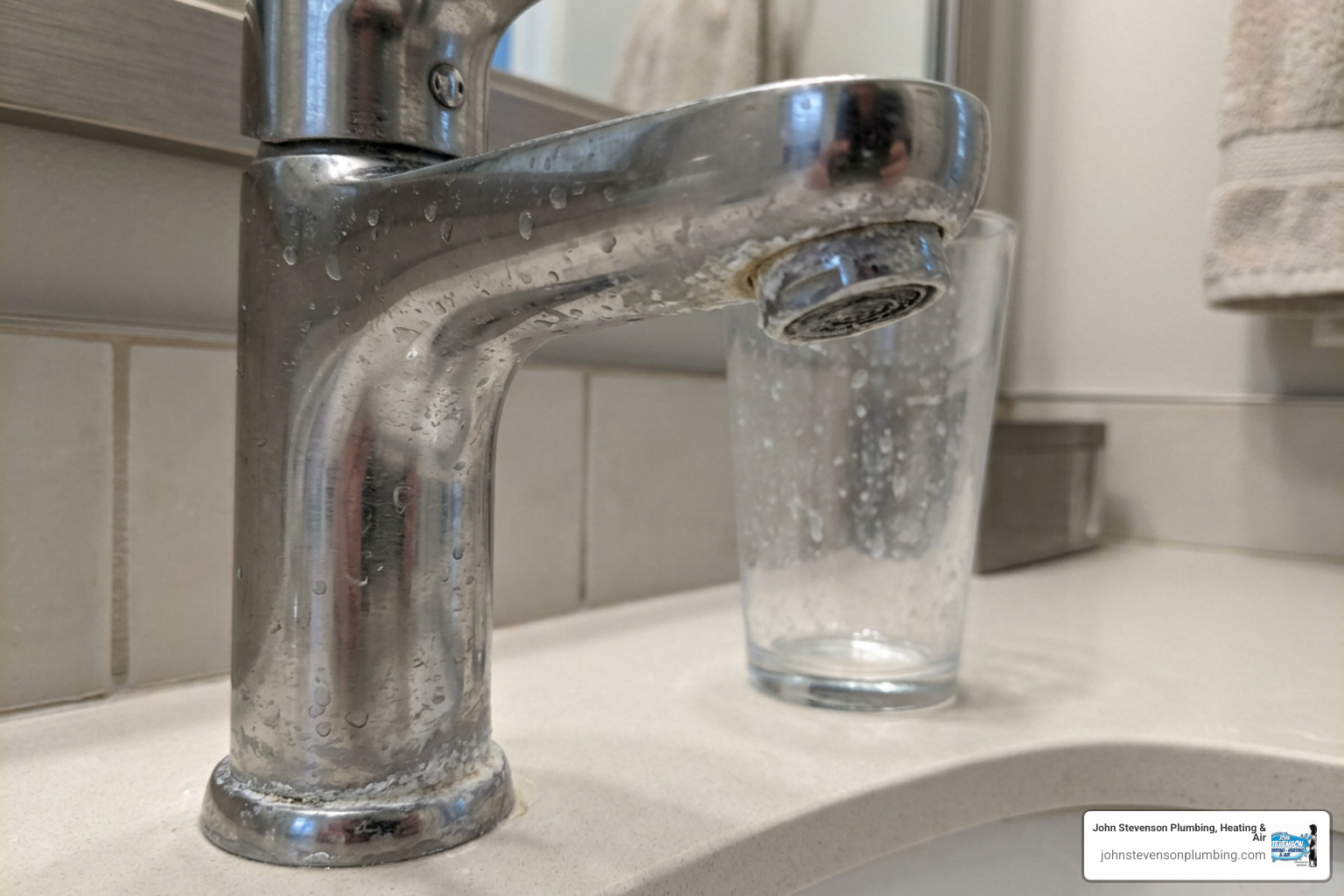 Limescale buildup on a bathroom faucet and spots on glassware