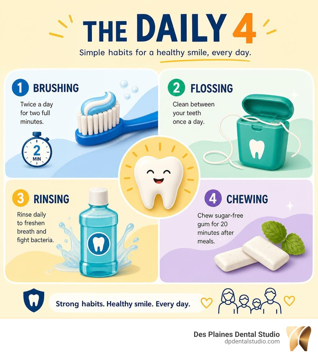 The Daily 4 routine: Brushing, Flossing, Rinsing, and Chewing Sugar-Free Gum infographic
