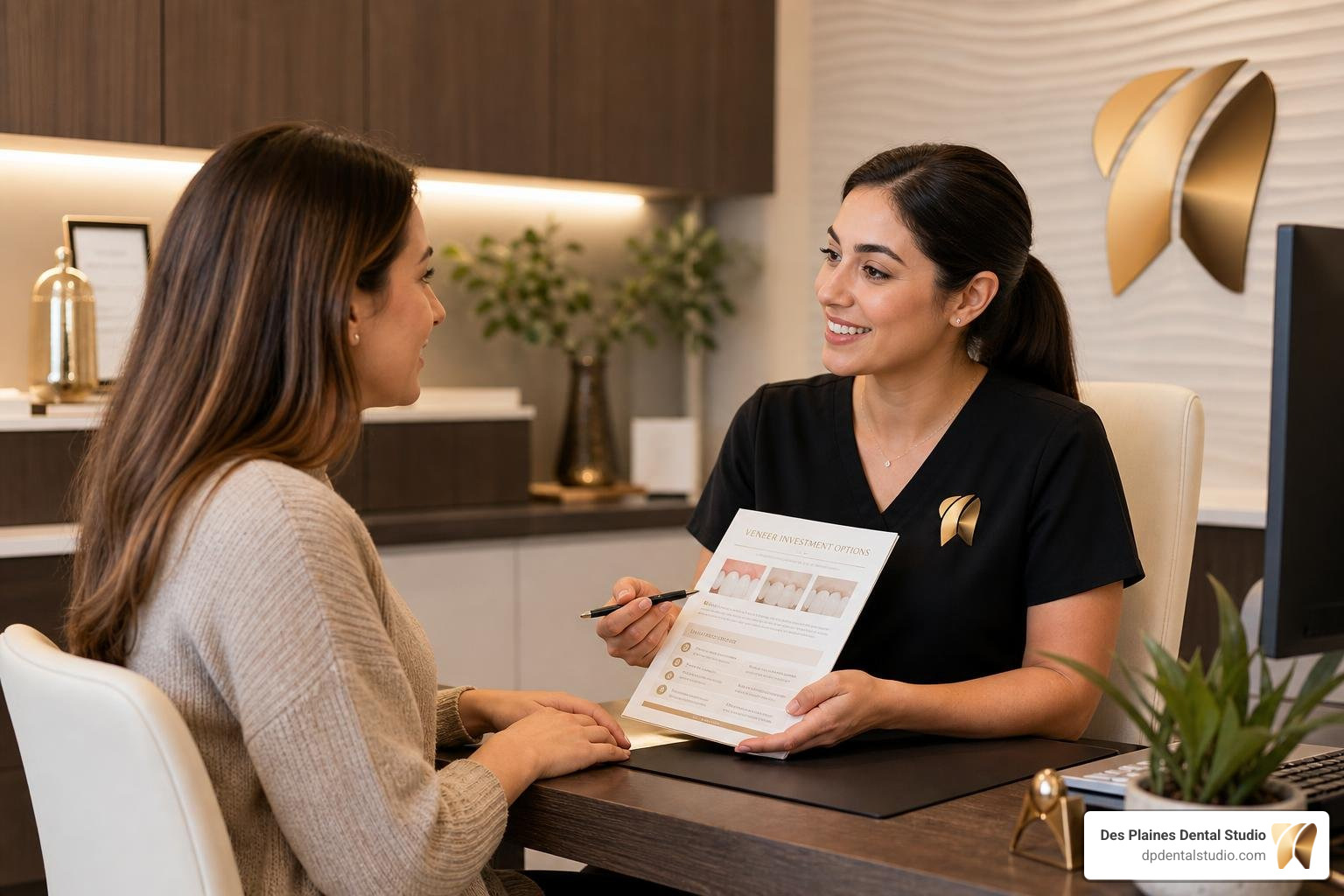 patient discussing veneer financing with dental coordinator patient discussing veneer financing with dental coordinator