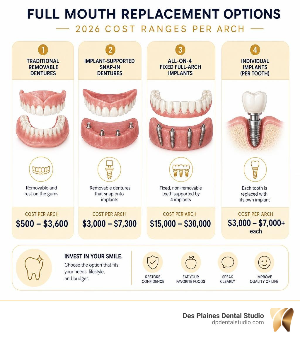 infographic showing full mouth replacement options and 2026 cost ranges per arch infographic