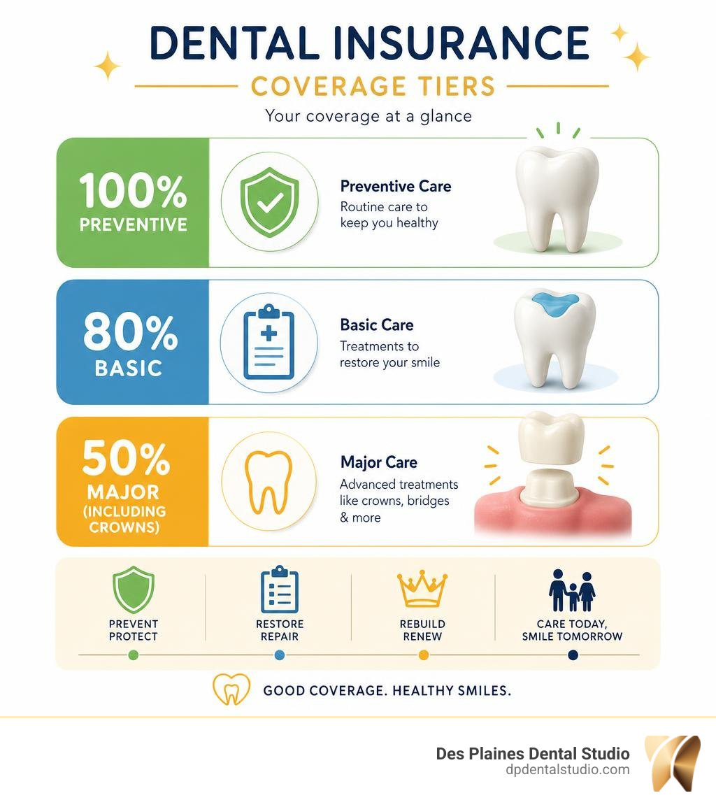 Infographic showing dental insurance tiers: 100% preventive, 80% basic, 50% major including crowns infographic