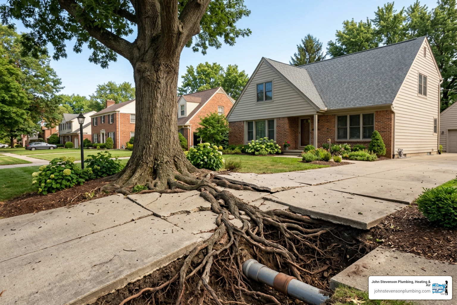 Mature tree roots growing near a residential driveway threatening underground sewer lateral
