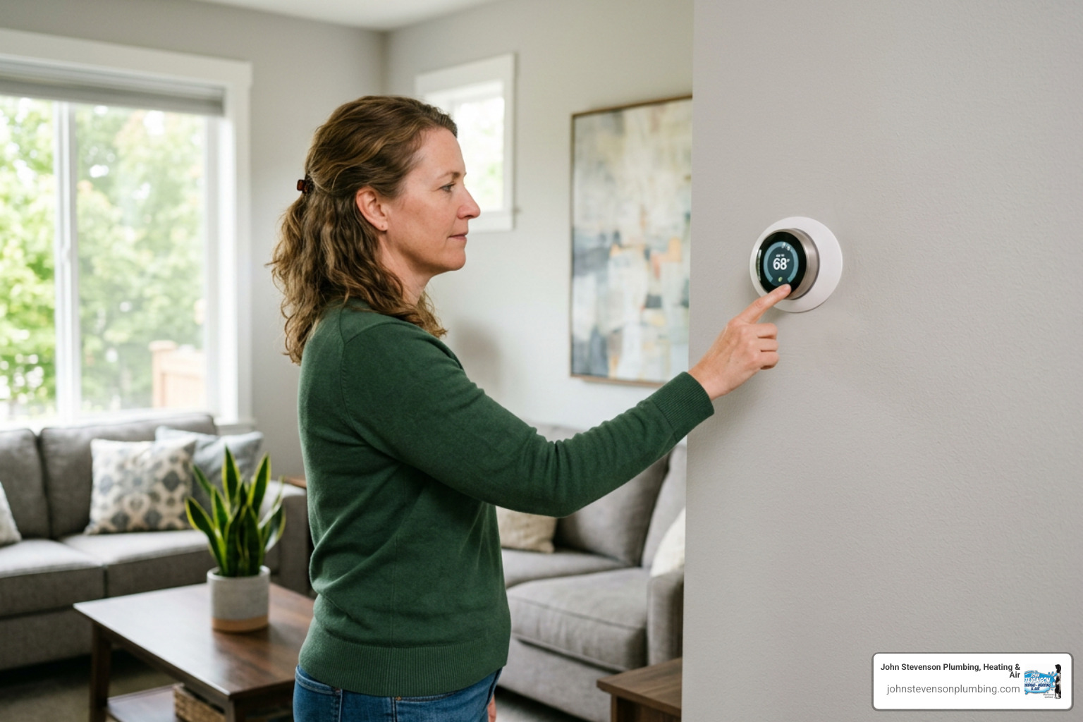 homeowner adjusting a smart thermostat with a digital interface homeowner adjusting a smart thermostat with a digital interface