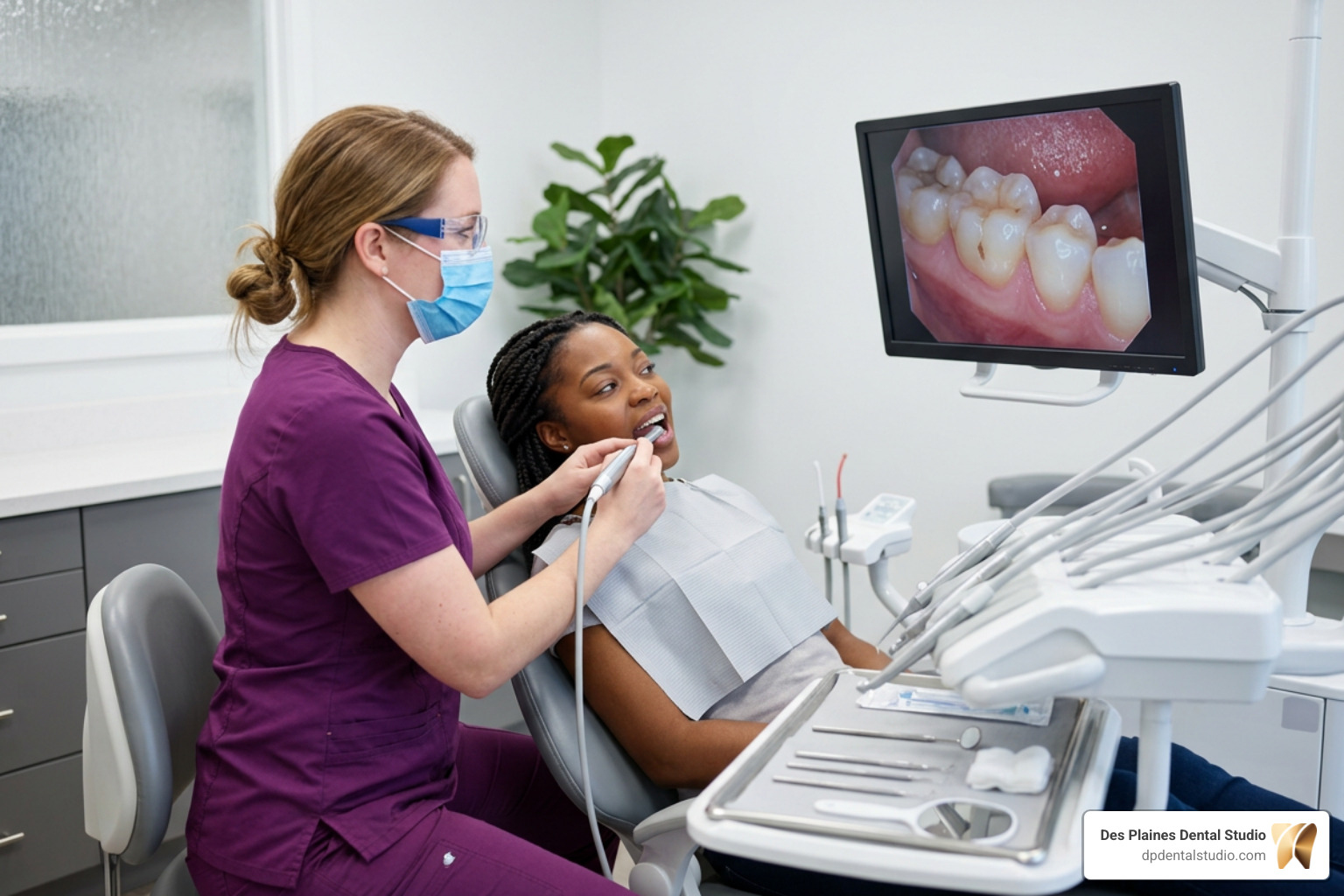 A dental hygienist explaining clinical findings to a patient using digital imaging