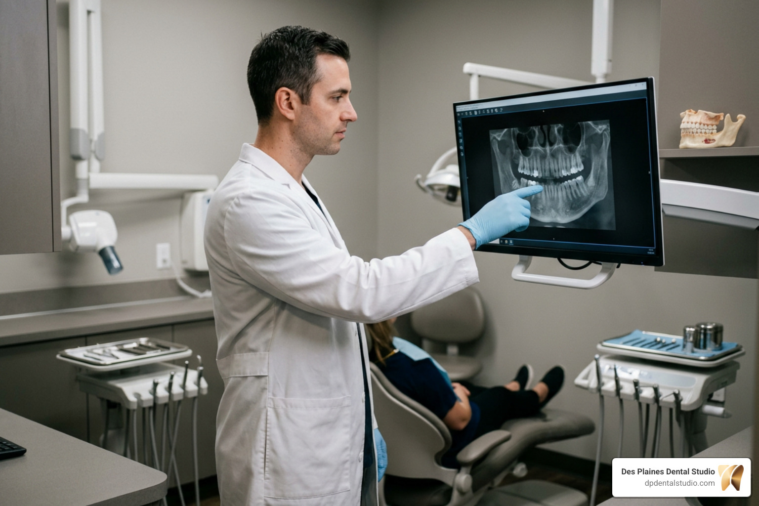 dentist reviewing 3D Cone Beam CT scans for dental implants