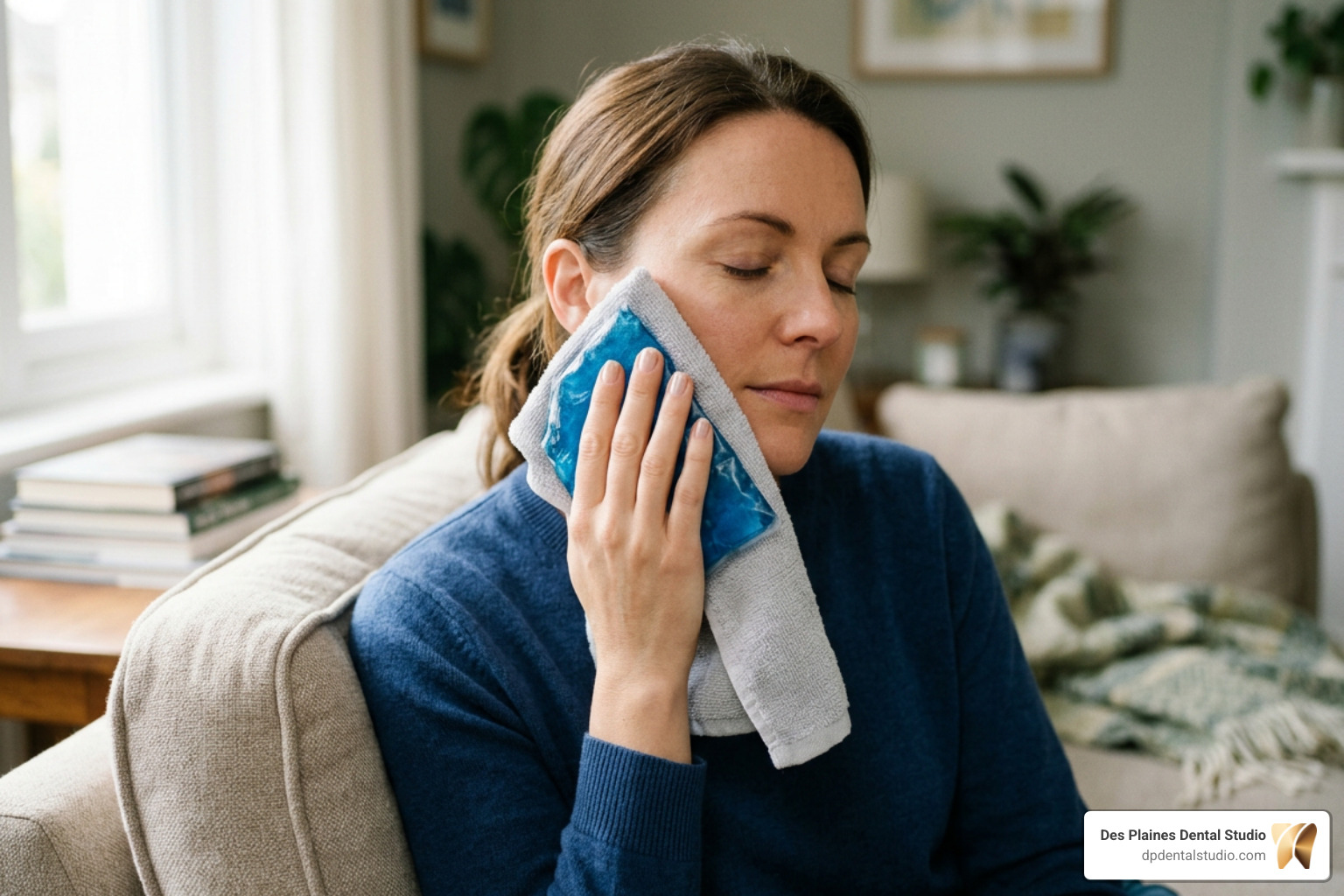 Applying cold compress to the cheek to reduce swelling Applying cold compress to the cheek to reduce swelling