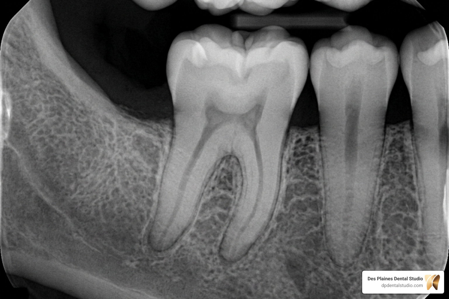 X-ray showing curved tooth roots and bone structure X-ray showing curved tooth roots and bone structure