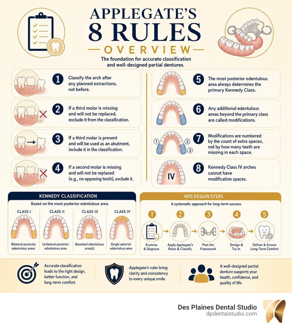 Applegate's 8 rules overview with Kennedy Classification and RPD design steps infographic Applegate's 8 rules overview with Kennedy Classification and RPD design steps infographic