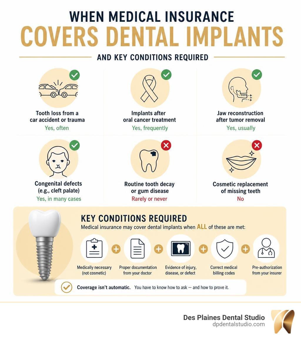 infographic showing when medical insurance covers dental implants and key conditions required infographic