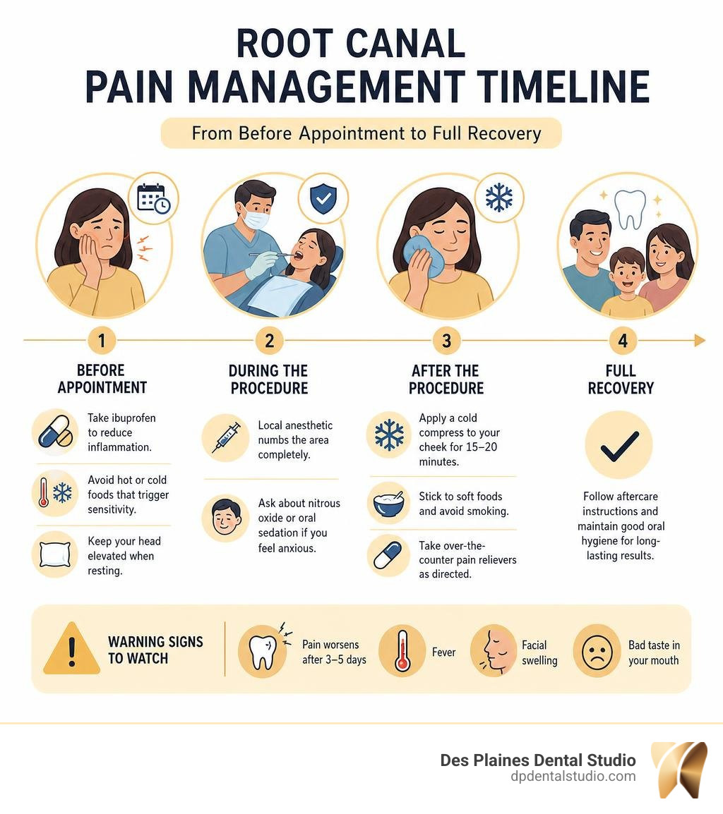 Root canal pain management timeline from before appointment to full recovery infographic Root canal pain management timeline from before appointment to full recovery infographic