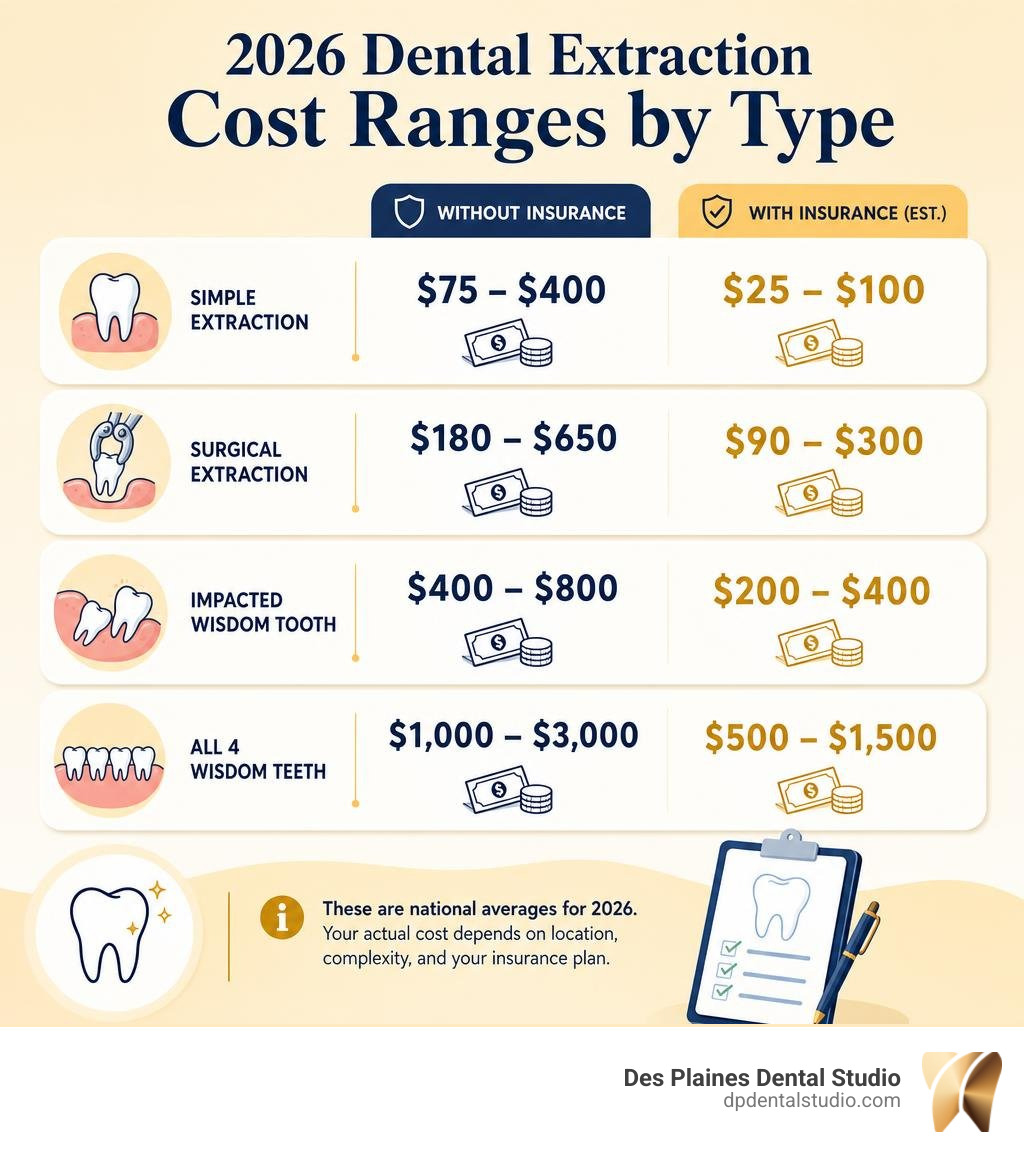 Infographic showing 2026 dental extraction cost ranges by type, with and without insurance infographic Infographic showing 2026 dental extraction cost ranges by type, with and without insurance infographic