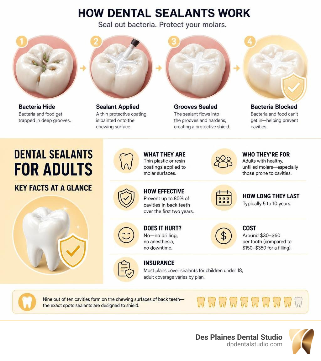 Infographic showing how dental sealants block bacteria in molar grooves and key adult sealant facts infographic