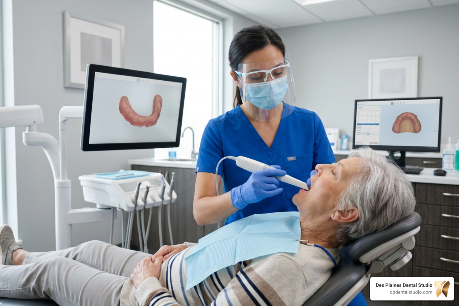 A dentist comfortably capturing a patient's edentulous arches using a high-speed intraoral scanner A dentist comfortably capturing a patient's edentulous arches using a high-speed intraoral scanner