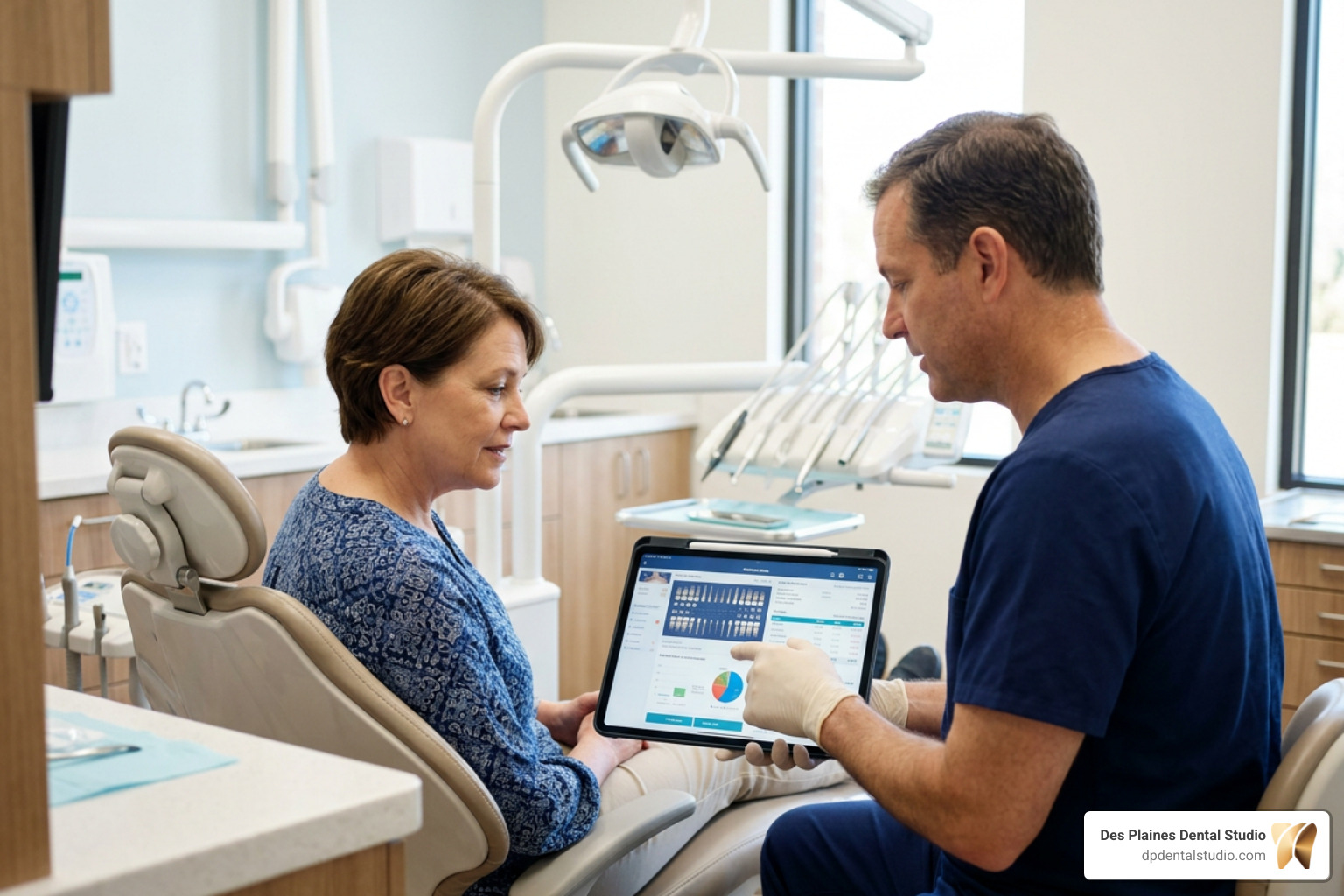 A patient receiving a detailed dental consultation and cost breakdown A patient receiving a detailed dental consultation and cost breakdown