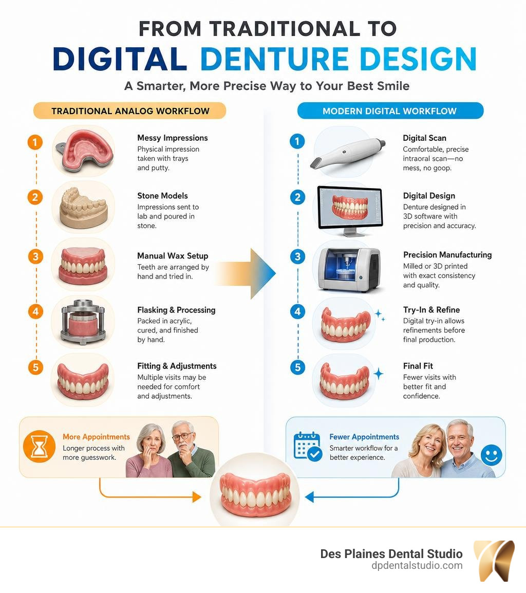 Infographic showing the shift from traditional analog denture workflow to modern digital denture design process infographic Infographic showing the shift from traditional analog denture workflow to modern digital denture design process infographic