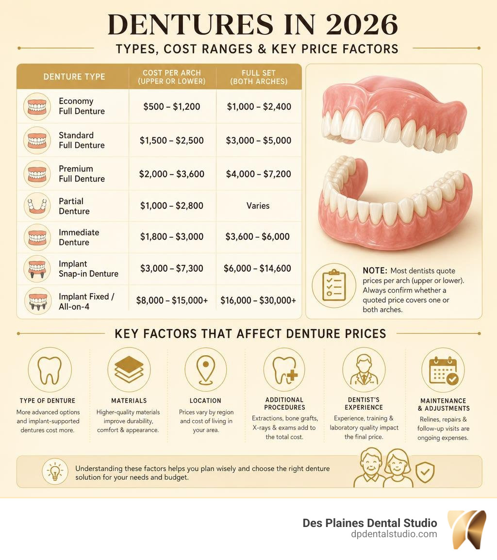 Denture types, cost ranges, and key factors that affect the price for dentures in 2026 infographic Denture types, cost ranges, and key factors that affect the price for dentures in 2026 infographic