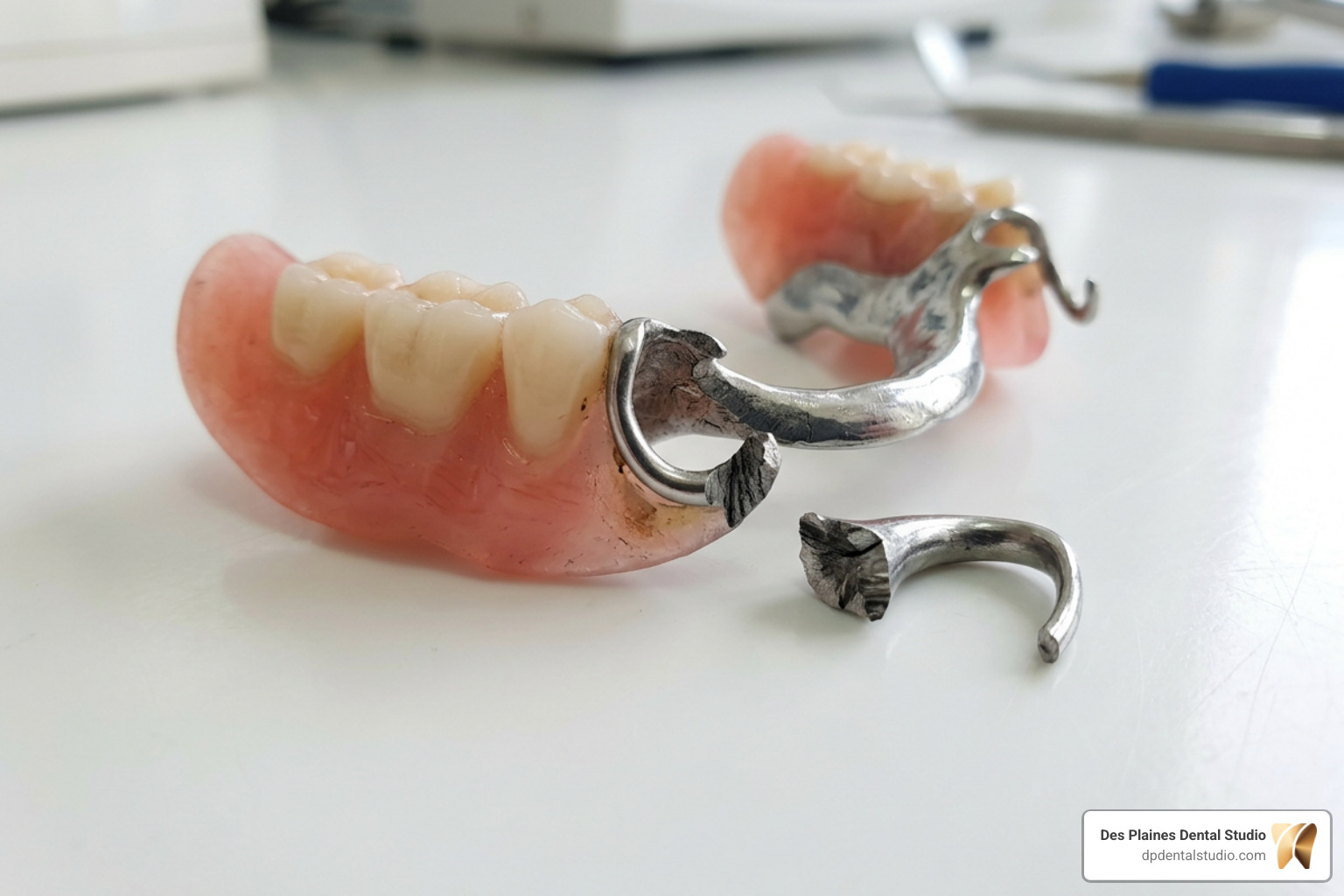 a fractured metal clasp on a partial denture a fractured metal clasp on a partial denture