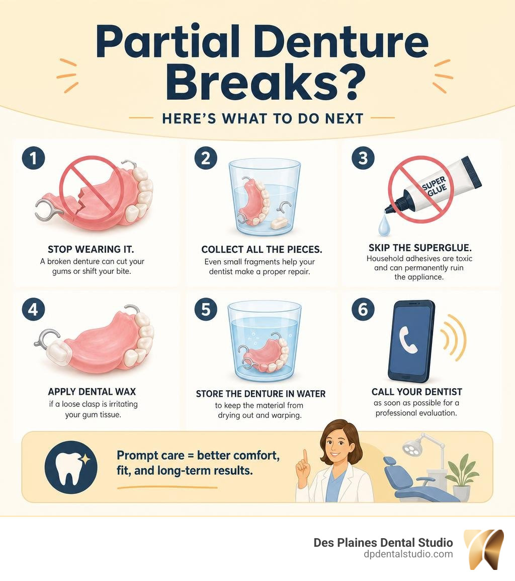 Infographic: immediate steps to take after a partial denture breaks, from stop wearing it to calling your dentist infographic Infographic: immediate steps to take after a partial denture breaks, from stop wearing it to calling your dentist infographic