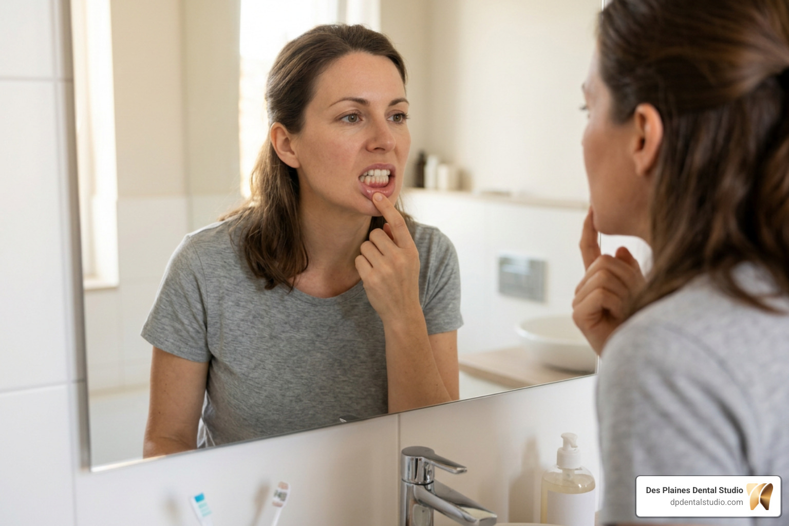 person checking their gums in a mirror