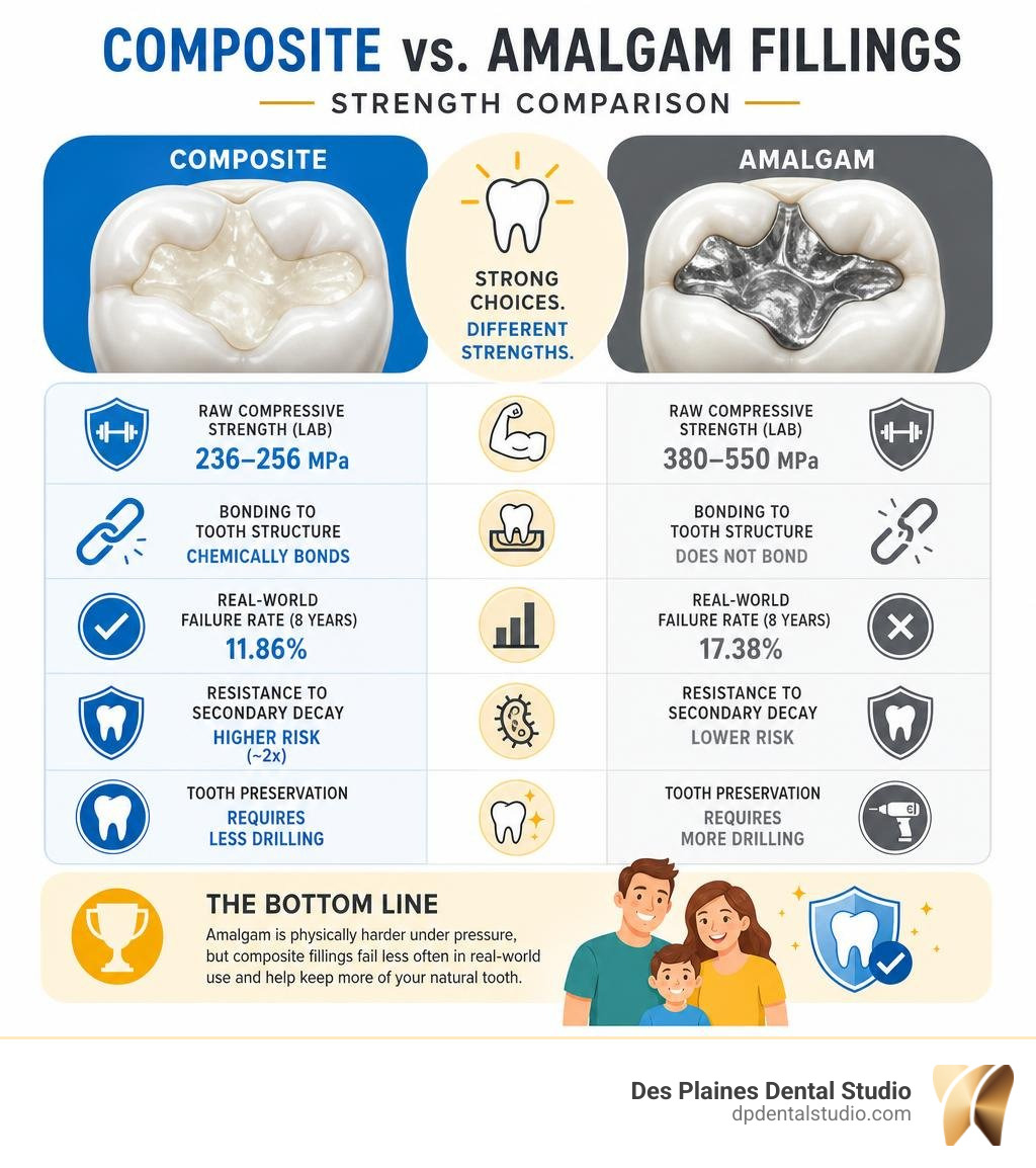 composite vs amalgam fillings strength comparison infographic showing failure rates and properties infographic