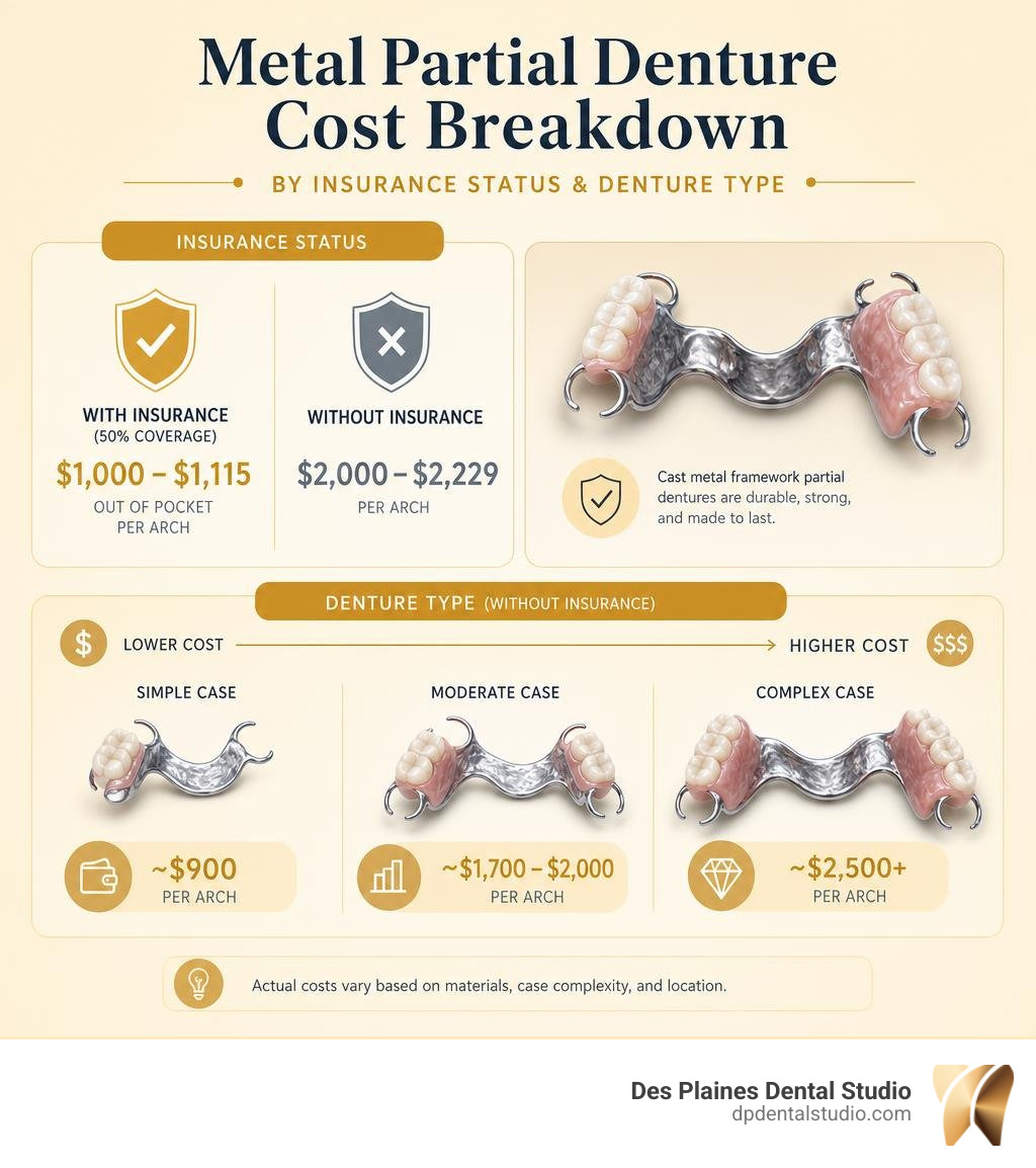 Metal partial denture cost breakdown by insurance status and denture type infographic Metal partial denture cost breakdown by insurance status and denture type infographic
