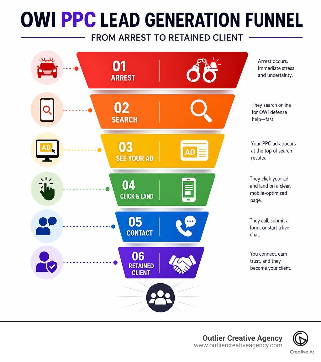 OWI PPC lead generation funnel from arrest to retained client infographic