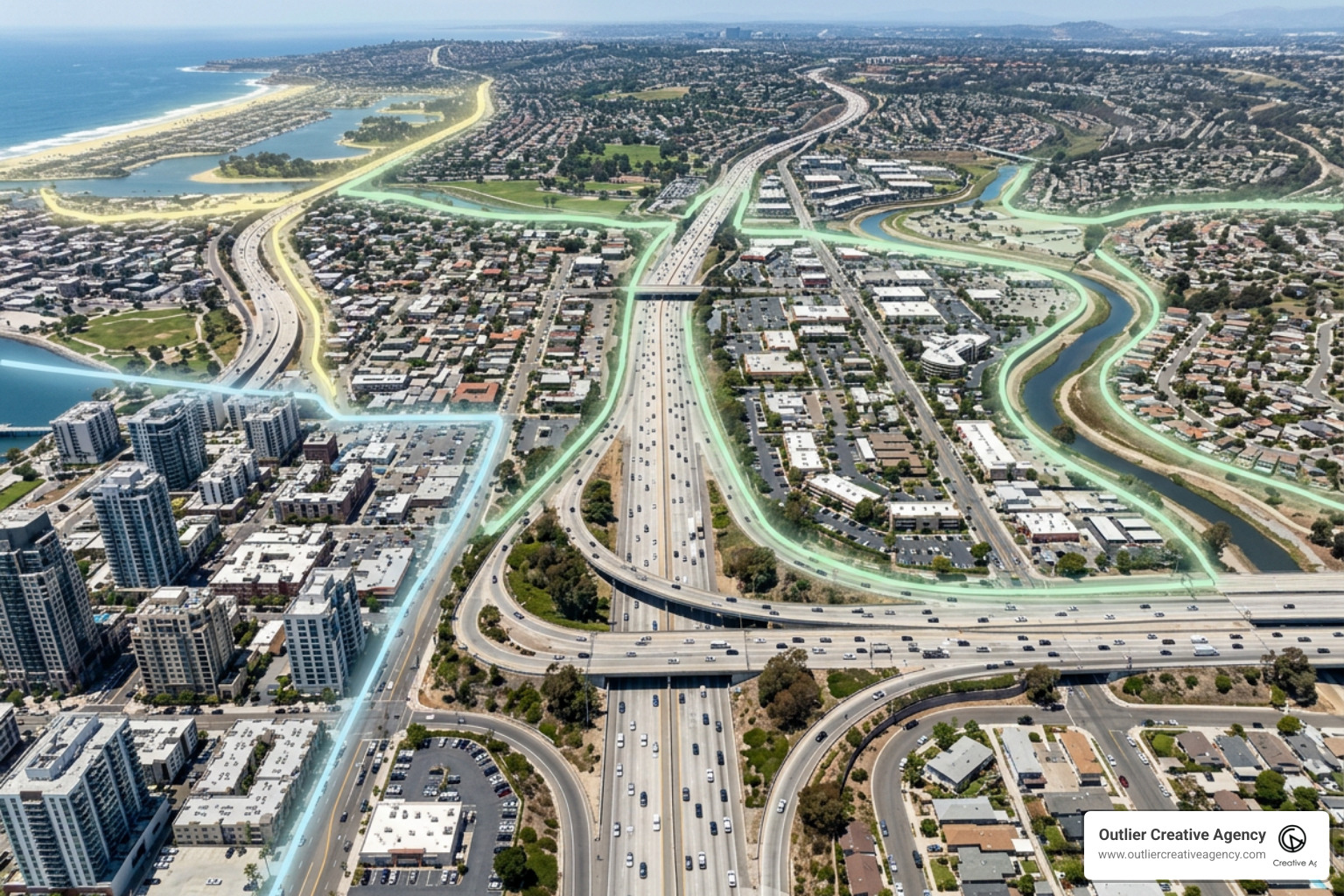 Map highlighting high-traffic neighborhoods in San Diego prone to rideshare accidents