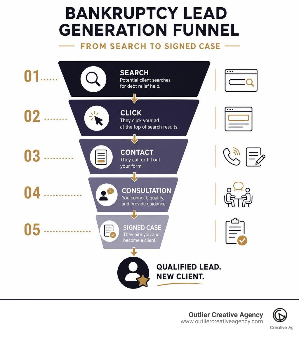 Bankruptcy lead generation funnel from search to signed case infographic infographic