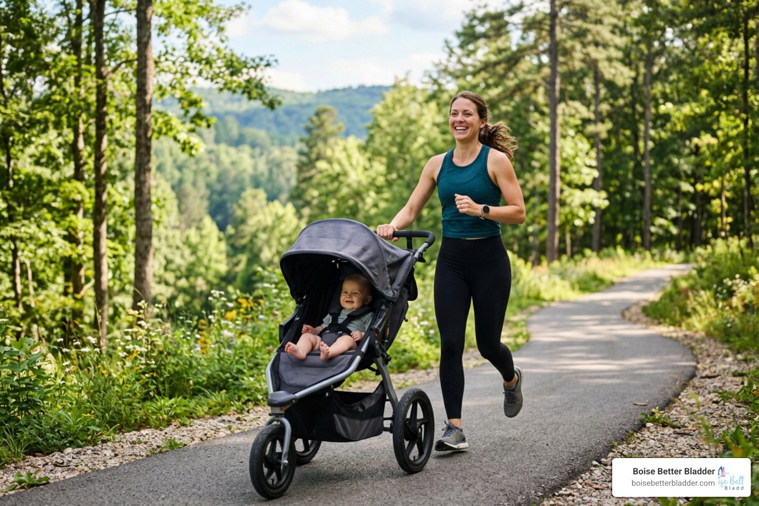 A mother comfortably exercising, representing successful postpartum recovery