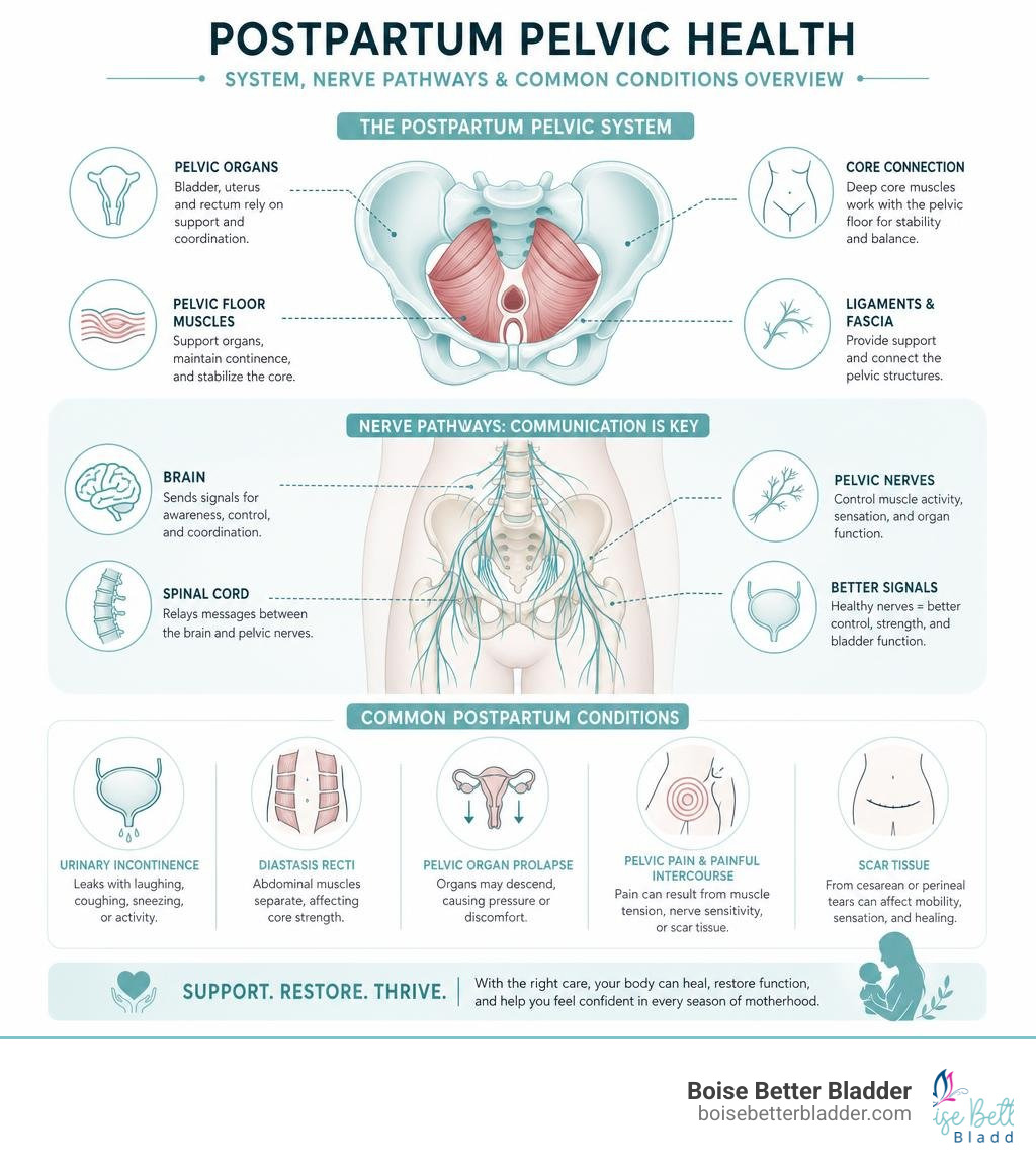 Postpartum pelvic floor system, nerve pathways, and common conditions overview infographic