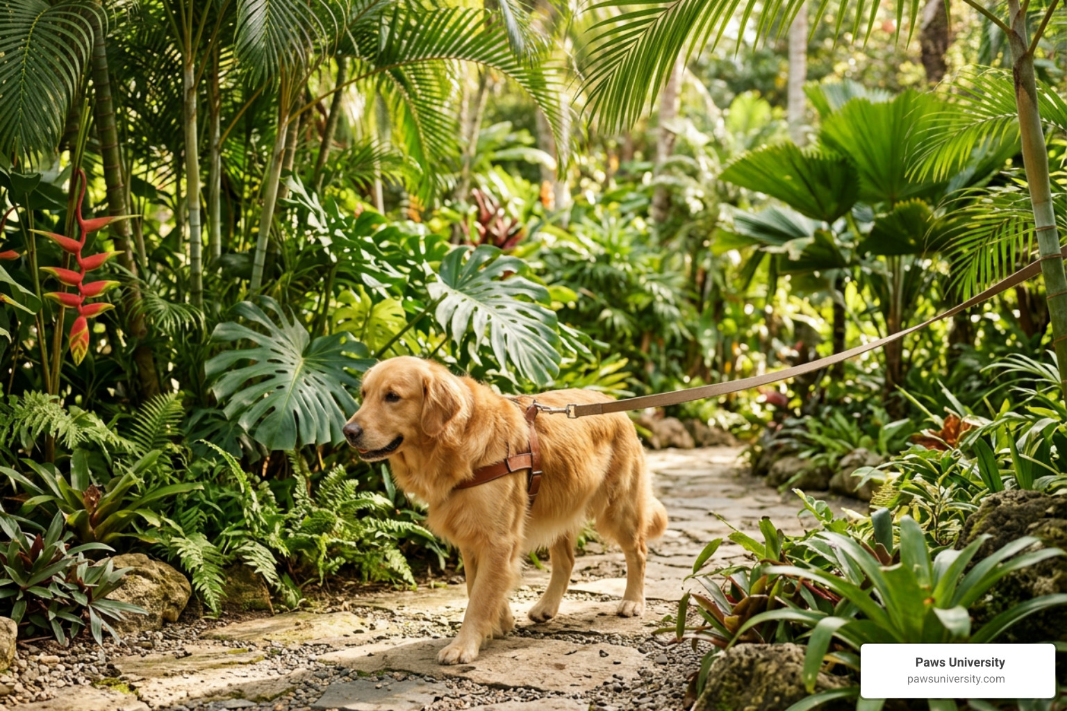 A dog walking calmly on a leash through a tropical garden setting A dog walking calmly on a leash through a tropical garden setting