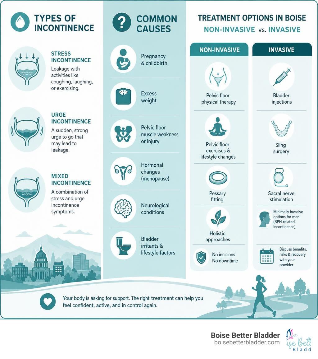 Types of incontinence, common causes, and non-invasive vs. invasive treatment options in Boise infographic