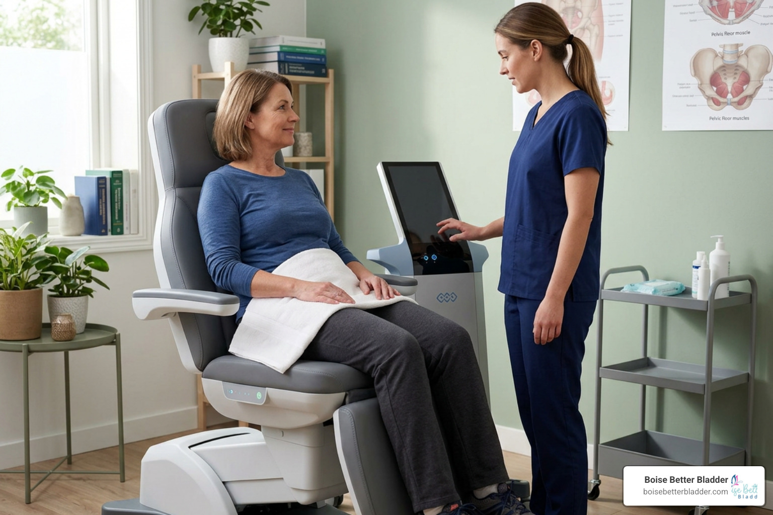 A modern, fully clothed pelvic restoration session utilizing advanced HIFEM technology