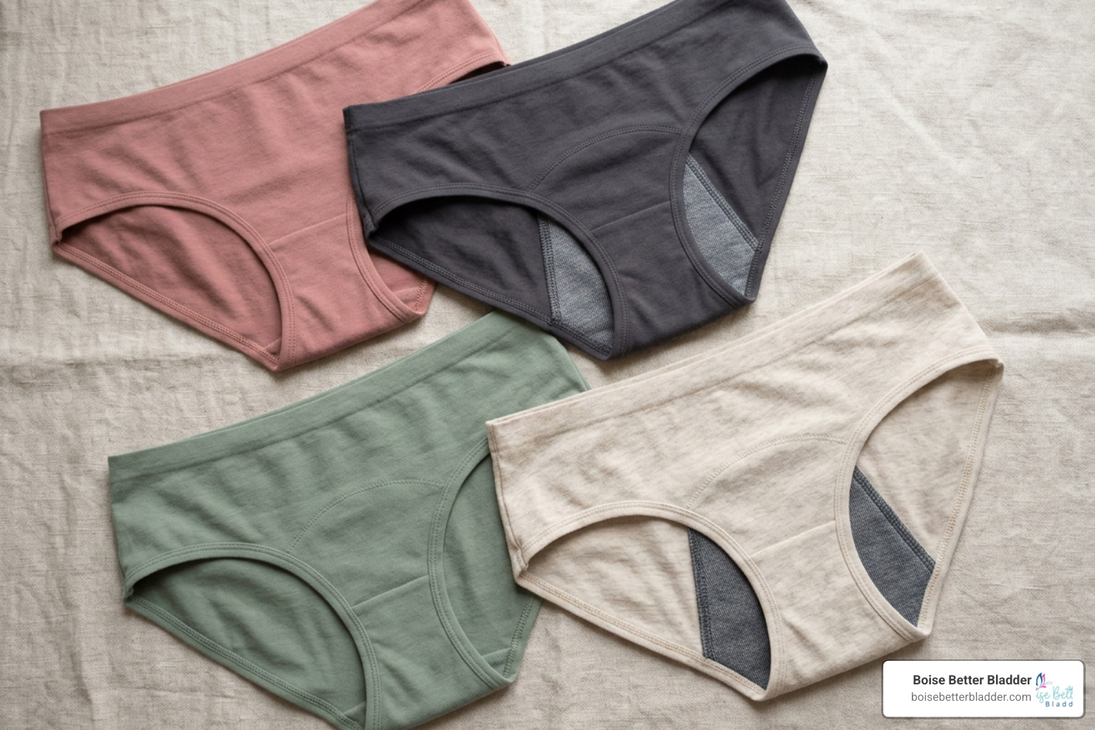Modern reusable leak-proof underwear laid flat on a neutral background