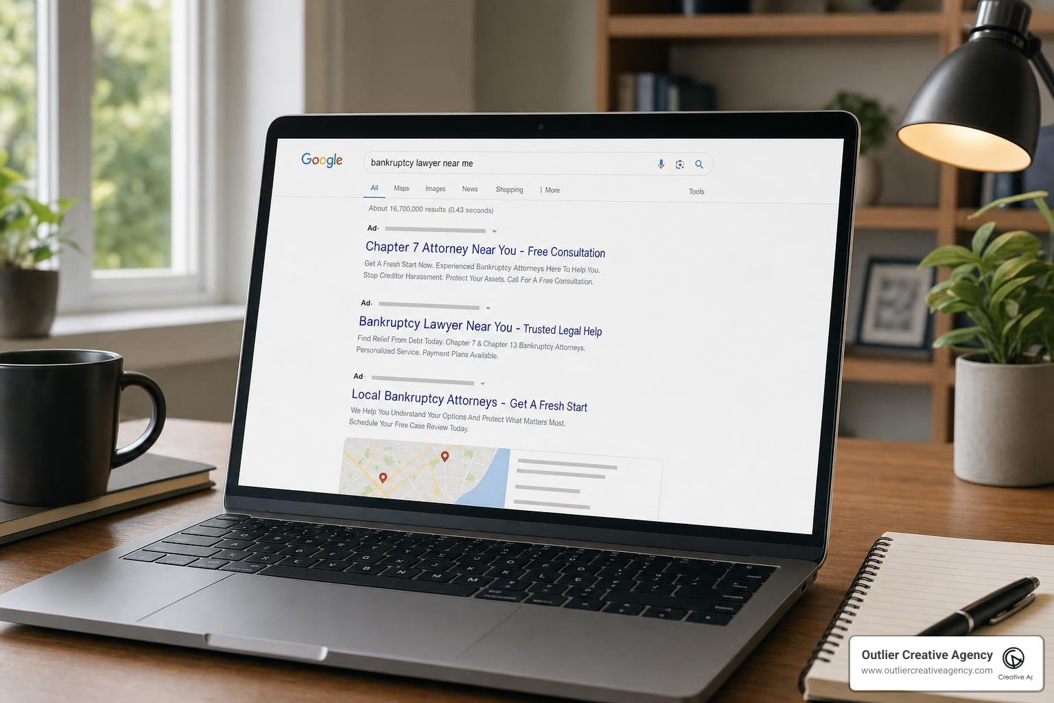 Google search results page highlighting paid legal ads