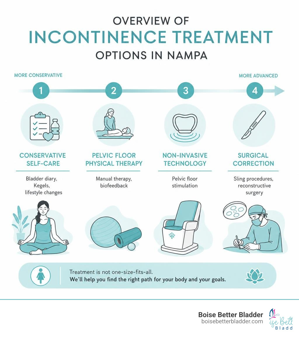Overview of incontinence treatment options in Nampa from conservative to surgical infographic