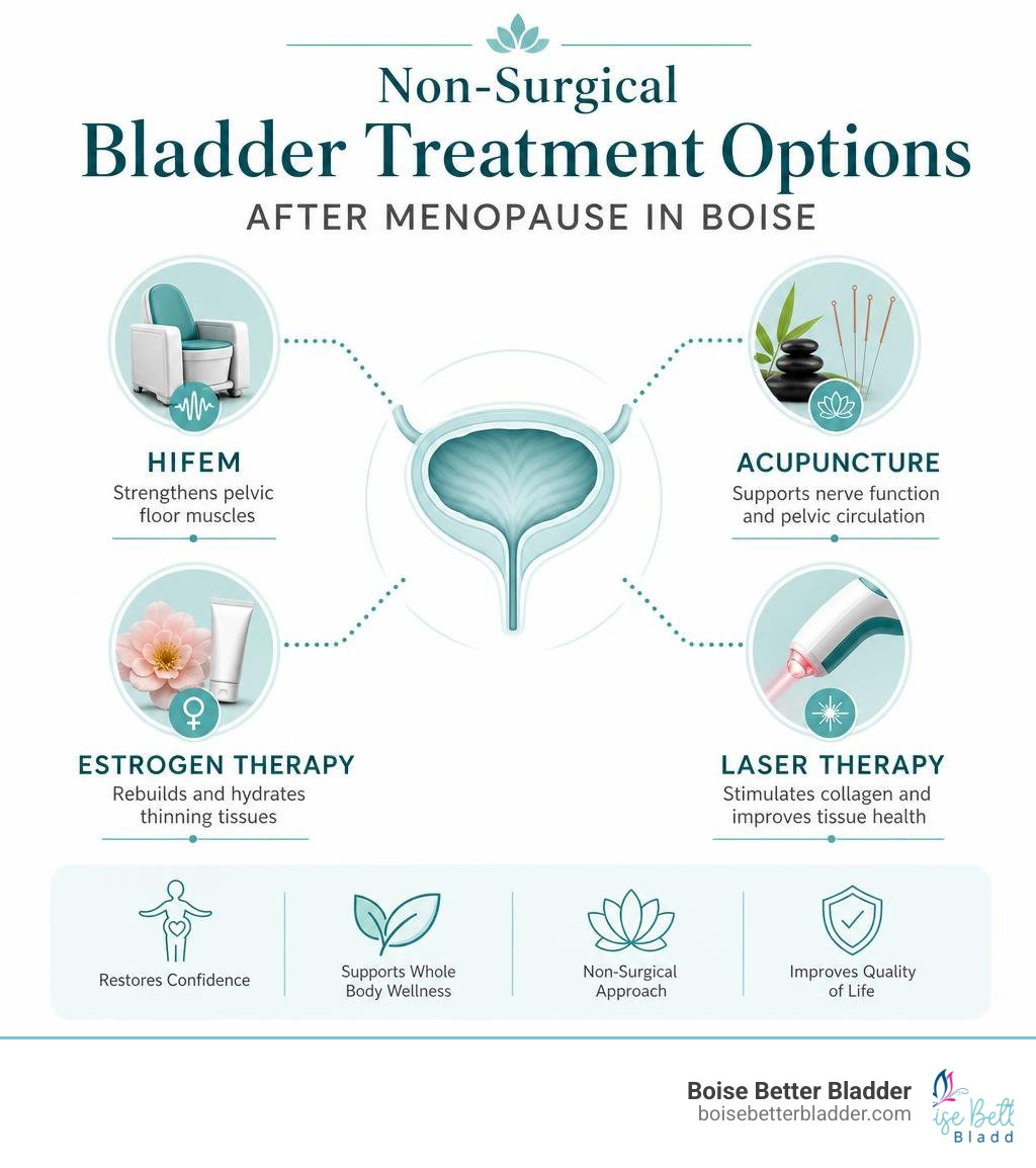 Non-surgical bladder treatment options after menopause in Boise: HIFEM, acupuncture, estrogen therapy, laser infographic Non-surgical bladder treatment options after menopause in Boise: HIFEM, acupuncture, estrogen therapy, laser infographic