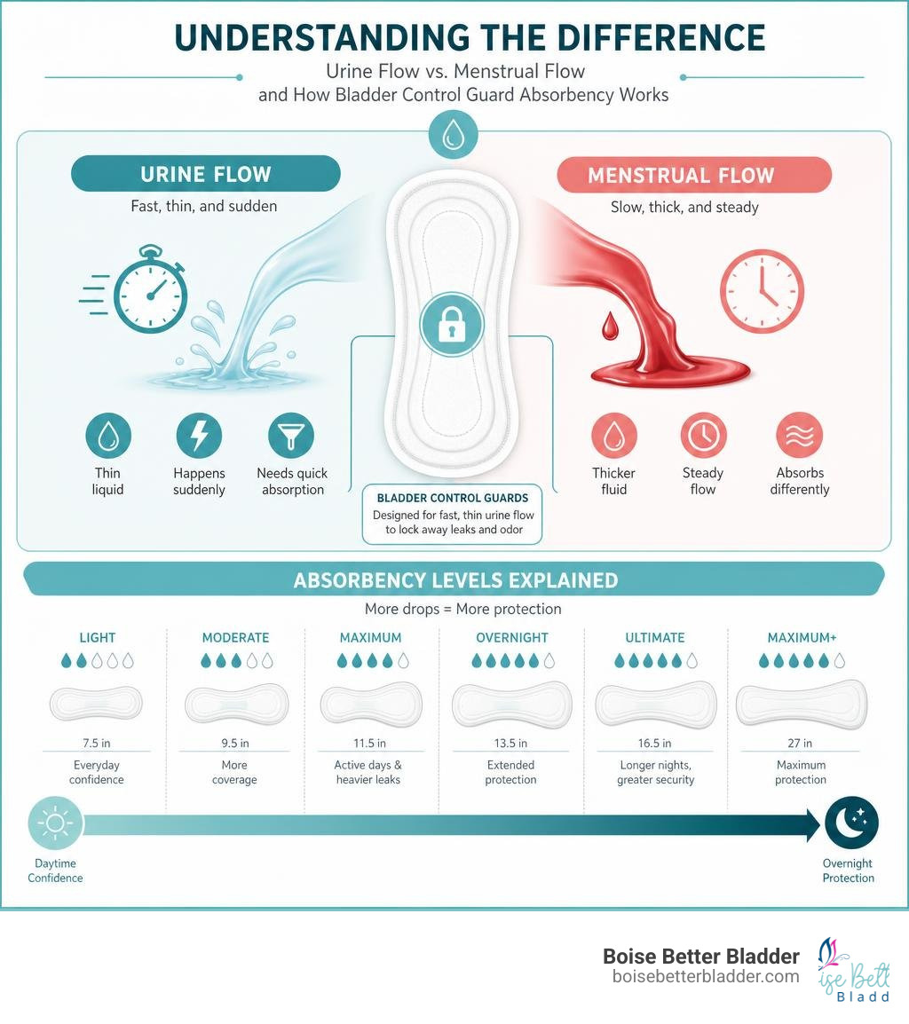 Comparison infographic: urine flow vs menstrual flow and how bladder control guard absorbency levels work infographic