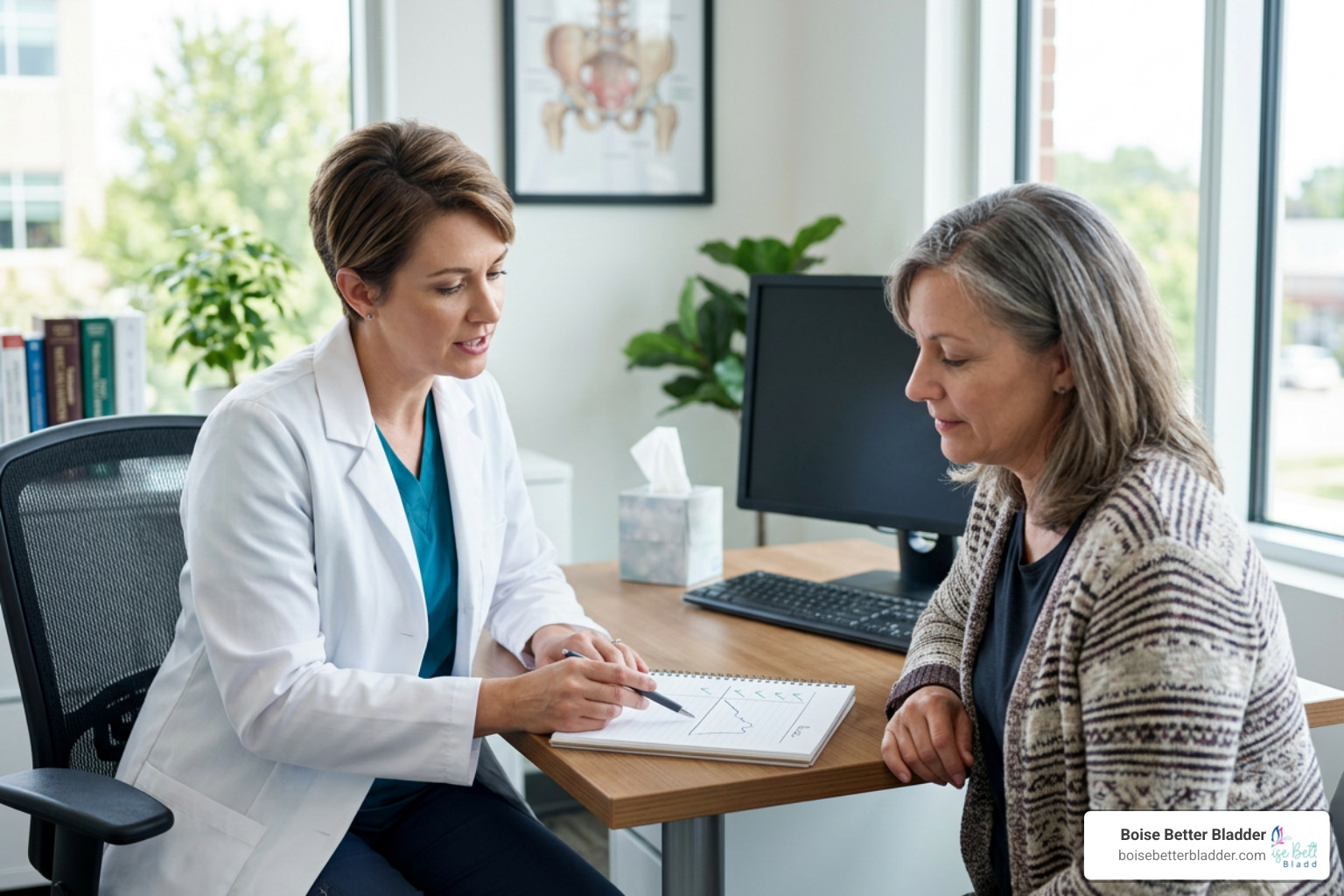 Clinician explaining a bladder diary to a patient to recognize patterns