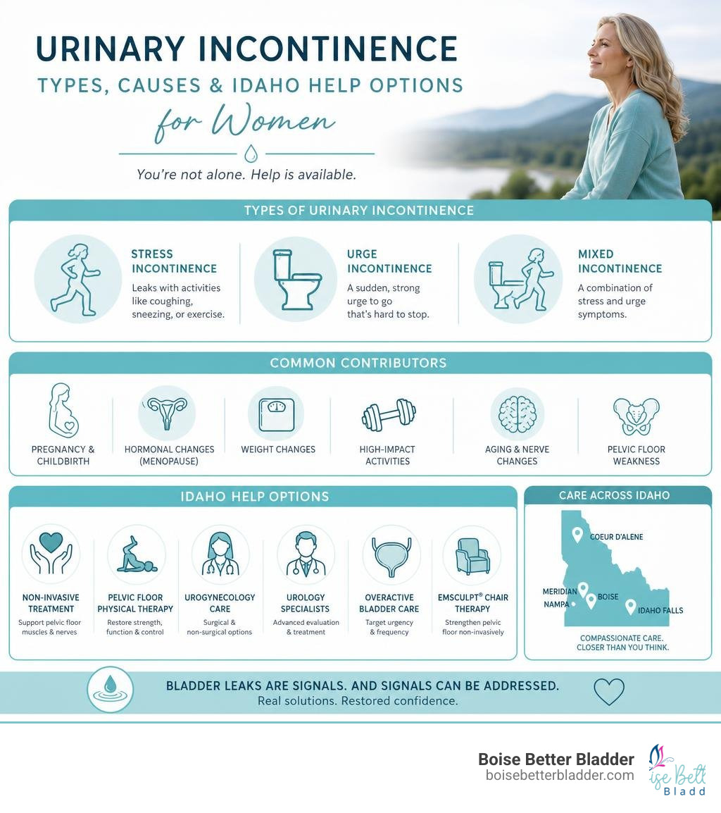 overview of urinary incontinence types, causes, and Idaho help options for women infographic