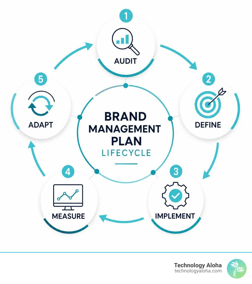 Brand management plan lifecycle—audit, define, implement, measure, adapt infographic Brand management plan lifecycle—audit, define, implement, measure, adapt infographic