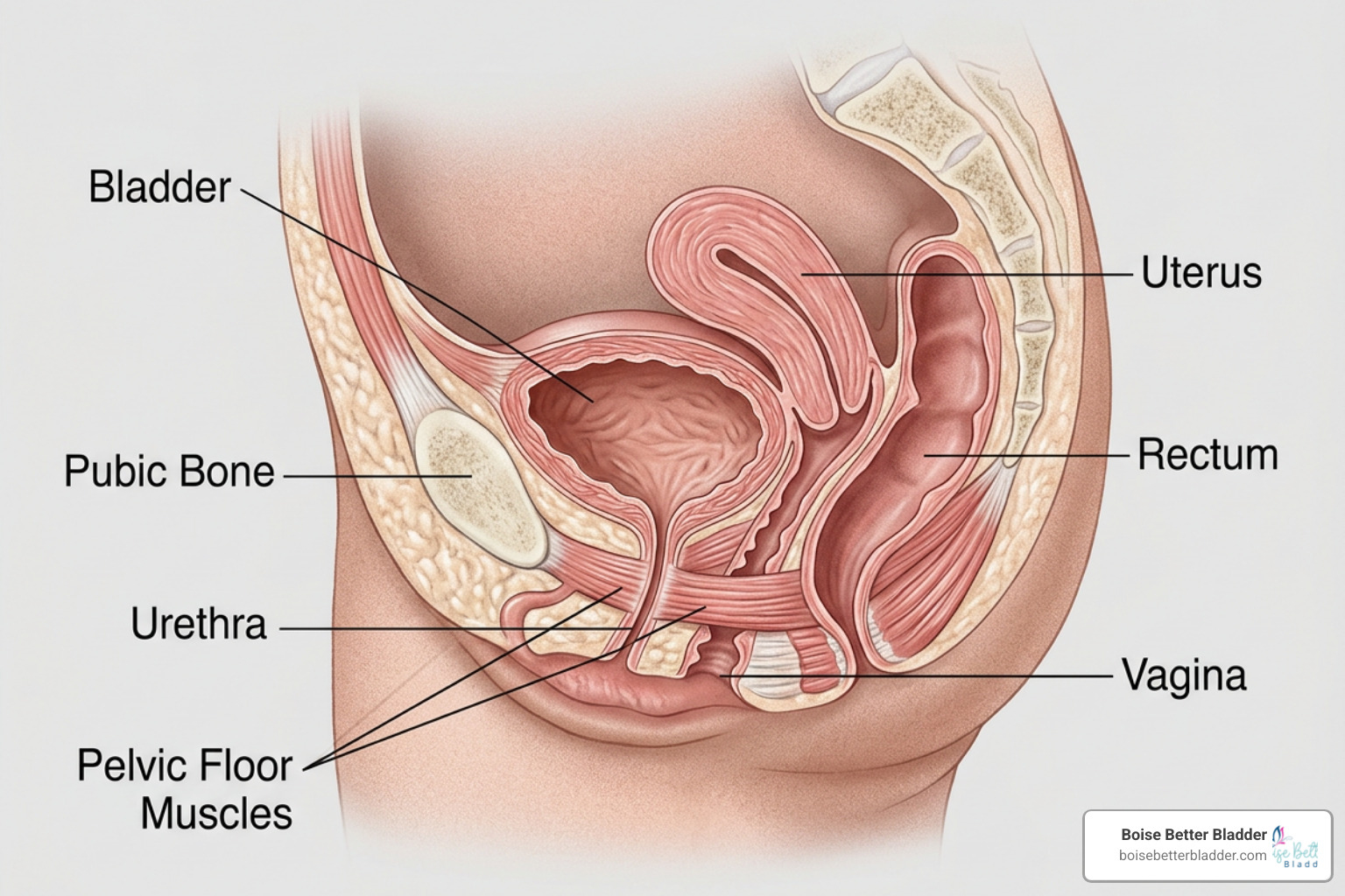Anatomical view of the female urinary system showing the bladder and pelvic floor muscles