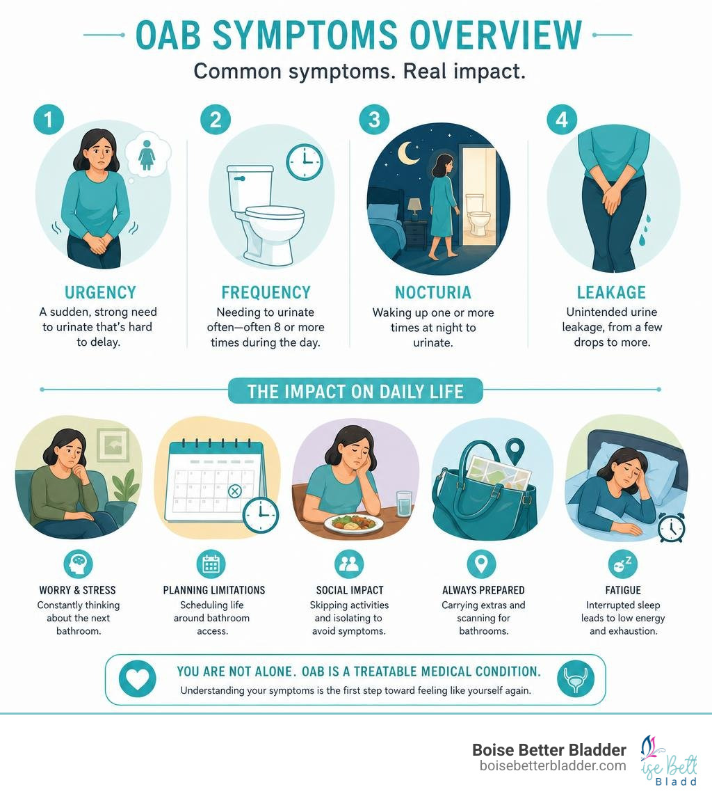 OAB symptoms overview: urgency, frequency, nocturia, leakage, and their impact on daily life infographic