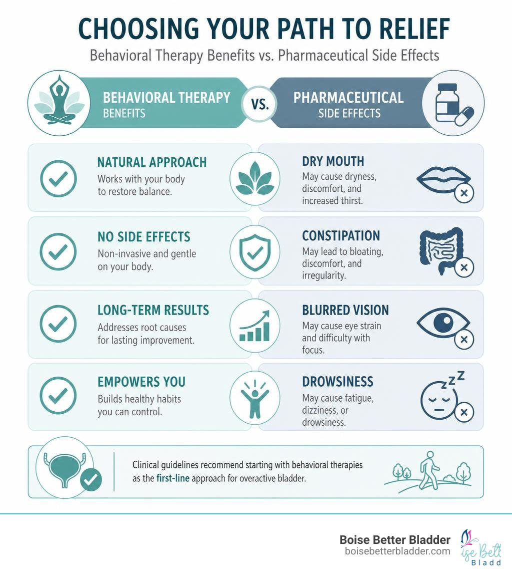Comparison table of behavioral therapy benefits versus pharmaceutical side effects infographic