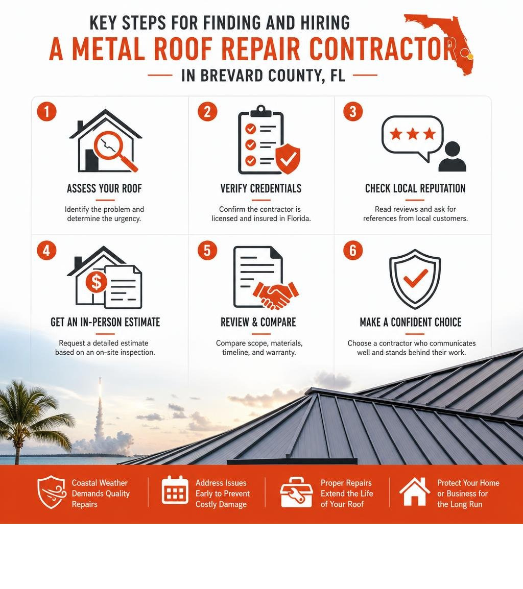 Key steps for finding and hiring a metal roof repair contractor in Brevard County FL infographic Key steps for finding and hiring a metal roof repair contractor in Brevard County FL infographic