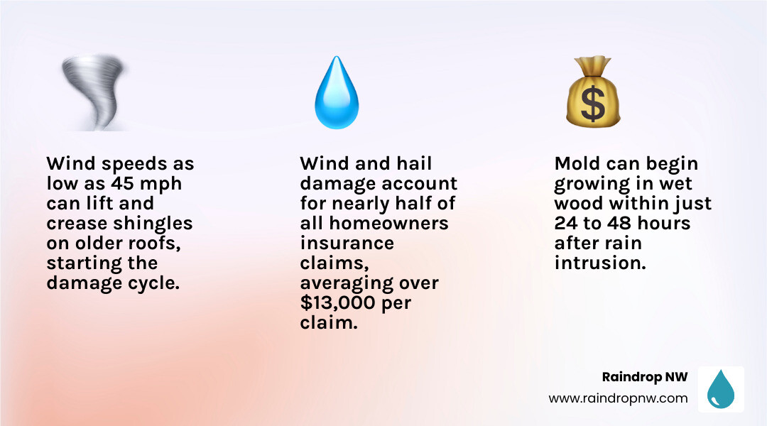 infographic showing the compounding effects of wind and rain on roof shingles from seal failure to water intrusion infographic showing the compounding effects of wind and rain on roof shingles from seal failure to water intrusion