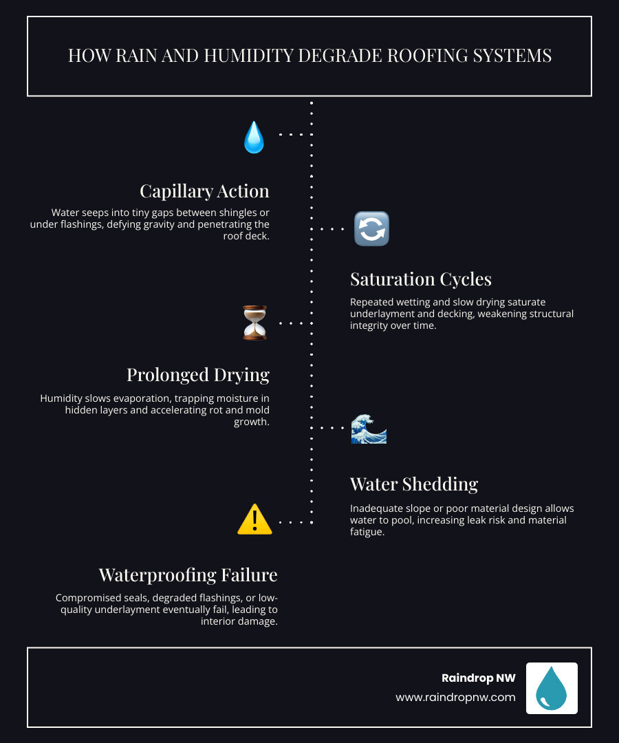infographic showing how rain and humidity degrade different roofing materials over time infographic