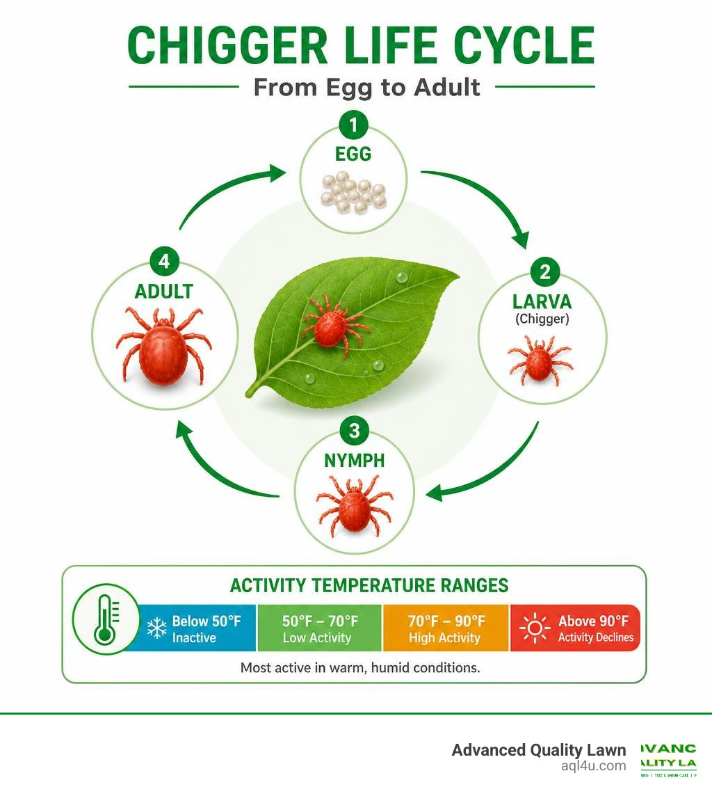 Chigger life cycle from egg to larvae to nymph to adult with activity temperature ranges infographic Chigger life cycle from egg to larvae to nymph to adult with activity temperature ranges infographic