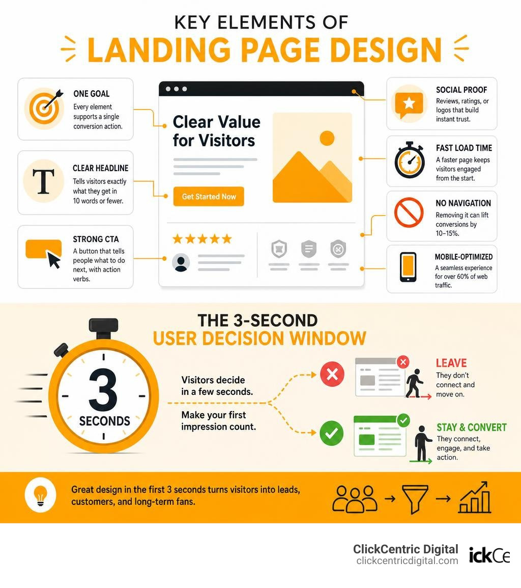 Key elements of landing page design and the 3-second user decision window infographic