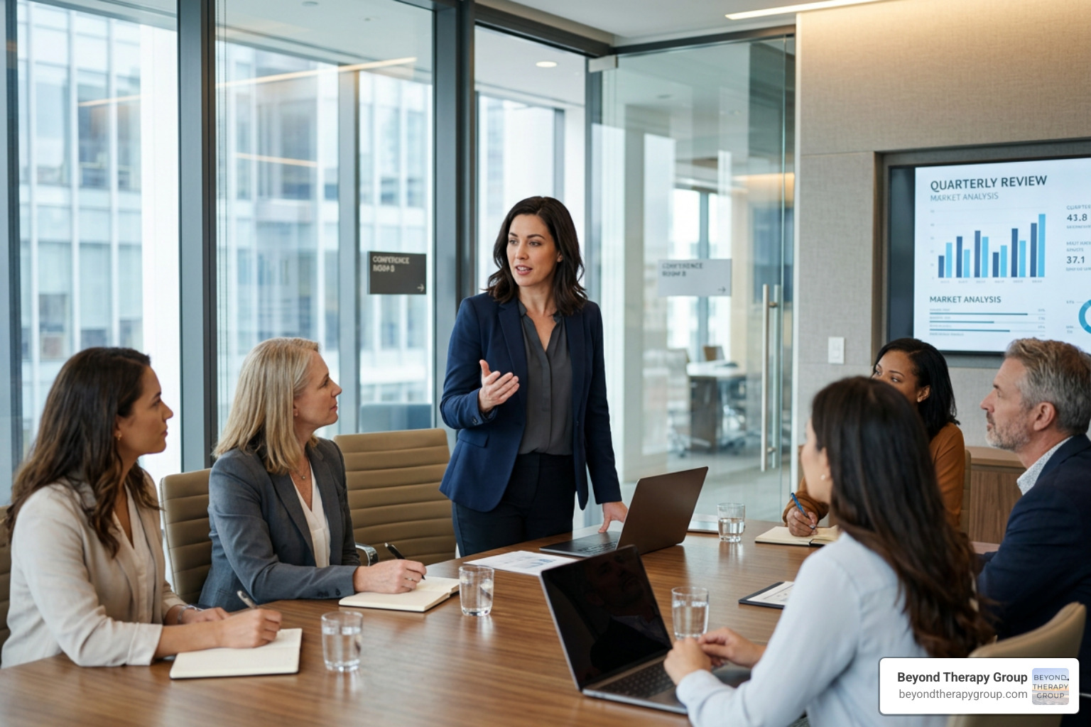 A confident professional speaking up in a meeting A confident professional speaking up in a meeting